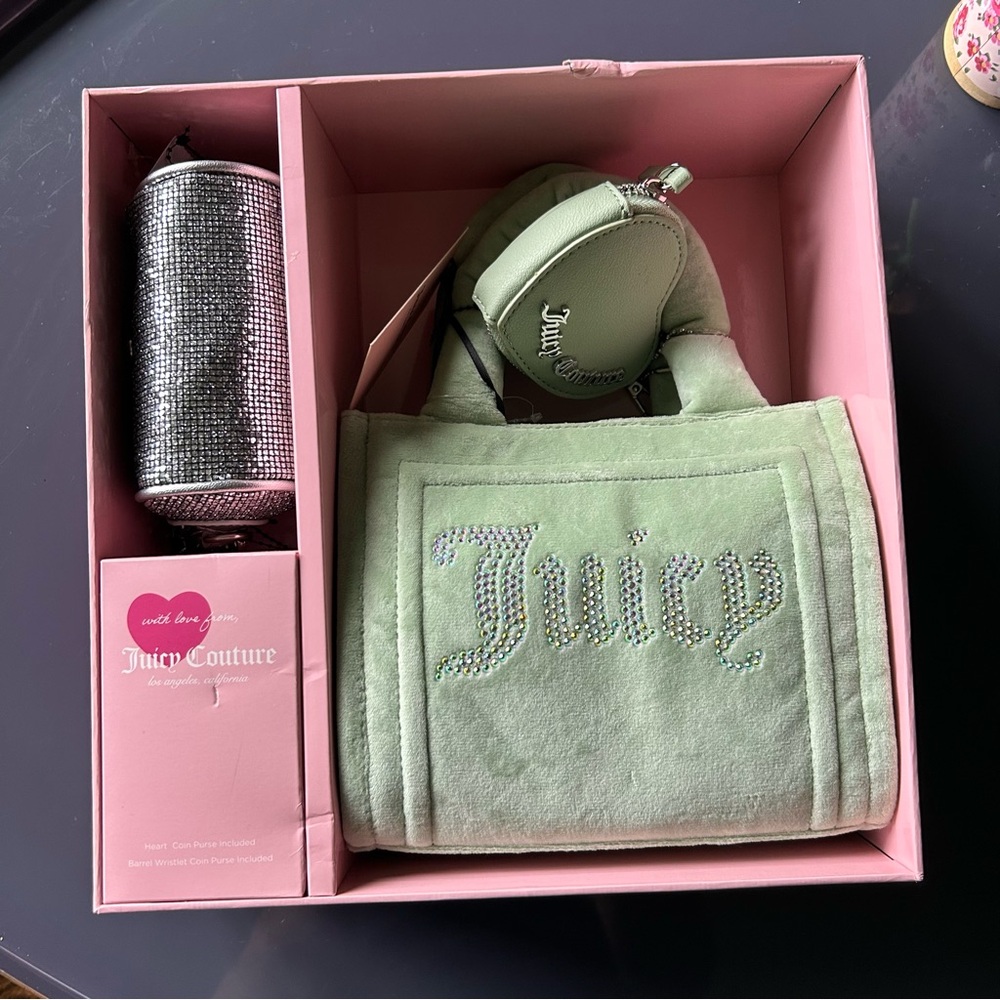 Juicy Couture Big Spender 3 pieces Sage Green Tote, heart and barrel coin purses